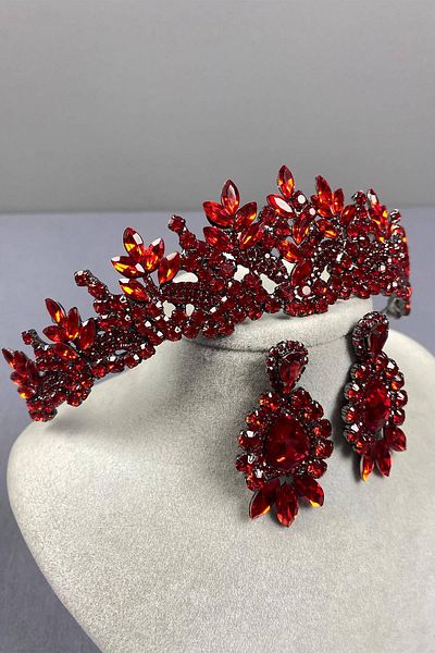 Hobigram Red Selur Leaf Model Bridal Crown and Three Shuttle Earring Set – Crown, Crystal Stone, Stylish Model – t
