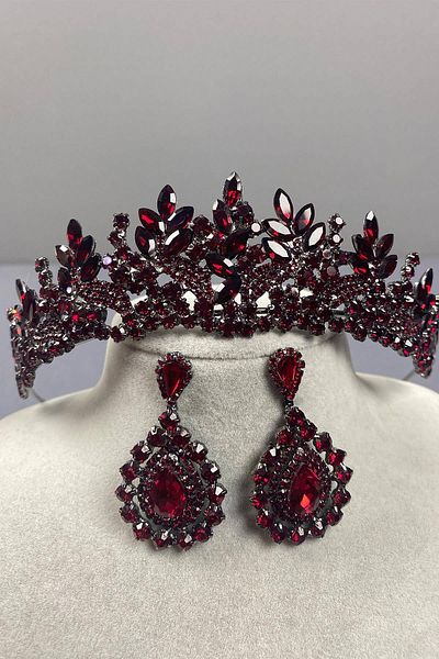 Hobigram Set de cercei și coroană de mireasă model Selur Leaf Burgundy – Coroană, Crystal Stone, Model elegant – Ta