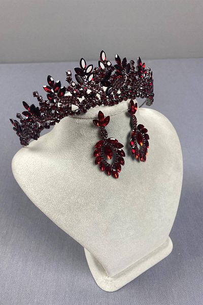 Hobigram Set de coroană de mireasă și cercei cu trei picături model Burgundy Selur Leaf – Coroană, piatră de cristal, model elegant – Coroană –