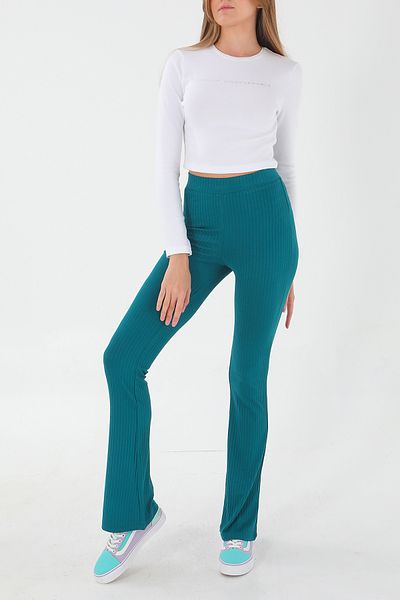 ESPİNA Ribbed Flare / Flare Leg High Waist Stretchy Knitted Leggings Trousers Dark Green