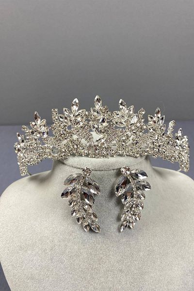 Hobigram Set de cercei și coroană de mireasă model Selur Leaf de culoare argintie – Coroană, piatră de cristal, model elegant – T