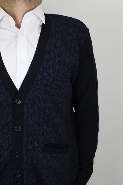 Özhürmet Triko Fistan Store Men's Navy Blue Patterned V-Neck Classic Cut Comfortable Fit Winter Woolen Steel Knit Cardigan