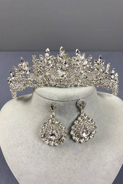 Hobigram Set de cercei și coroană de mireasă model Selur Leaf de culoare argintie – Coroană, piatră de cristal, modă elegantă