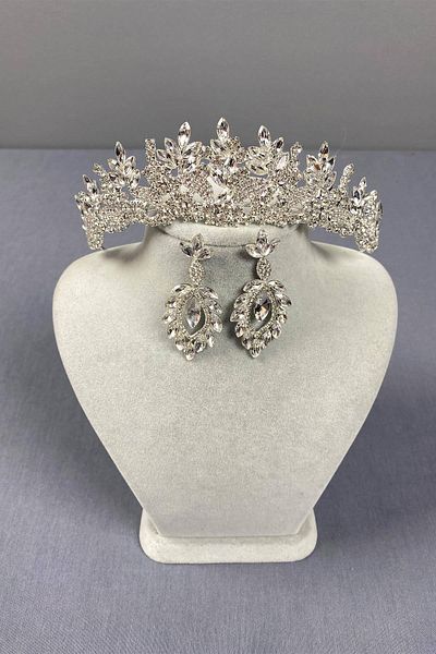 Hobigram Set de coroană de mireasă și cercei cu trei picături de culoare argintie Selur Leaf Model – Coroană, Crystal Stone, Model elegant –