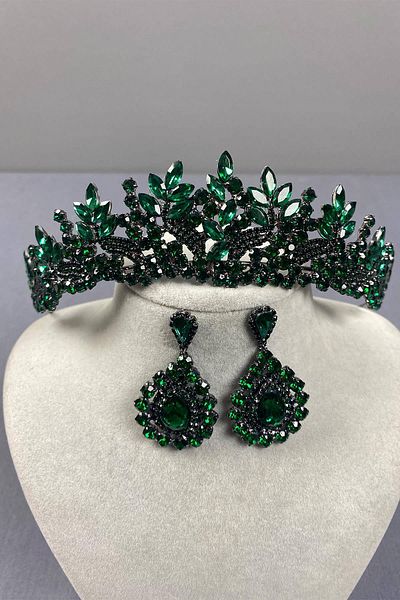 Hobigram Green Selur Leaf Model Bridal Crown and Drop Stone Earring Set – Crown, Crystal Stone, Stylish Model – Ta