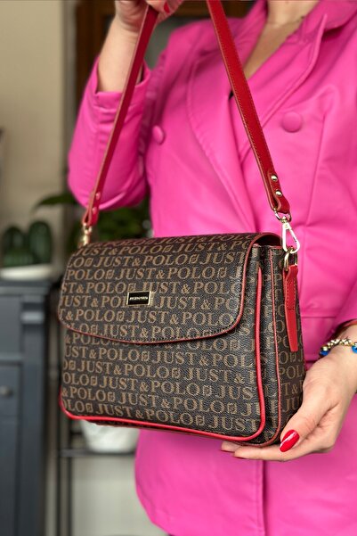 Just Polo Large Size 5 Compartments 2 Straps Crossbody Women's Shoulder Bag 2184 Red Combination