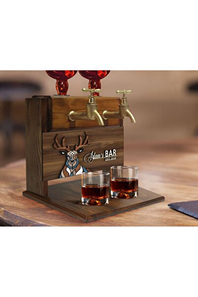 Bk Gift Kişiye Özel Kabartma Geyik Tasarımlı Çift Musluklu Doğal Ahşap İçki S...