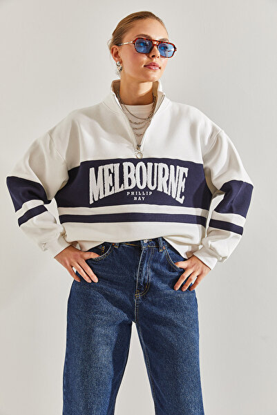 Bianco Lucci Kadın Fermuarlı Balıkçı Yaka Baskılı Oversize Sweatshirt