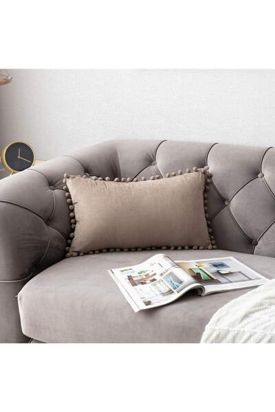 Bc Home Bej Minik Ponponlu Dikdörtgen Kırlent Kılıfı ,Yumuşak dokulu , 1 Adet 30 X 50 cm