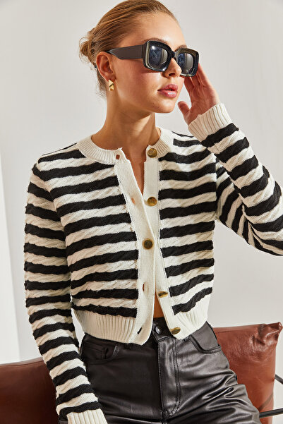 Bianco Lucci Women's Buttoned Side Braided Striped Knitwear Cardigan