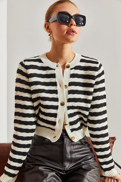 Bianco Lucci Cardigan tricot cu dungi împletit lateral cu nasturi pentru femei