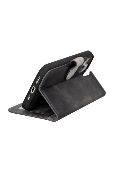 PLM Iphone 15 Plus Uyumlu Deri Cüzdanlı Kılıf Mwwn Vs4ef Gri