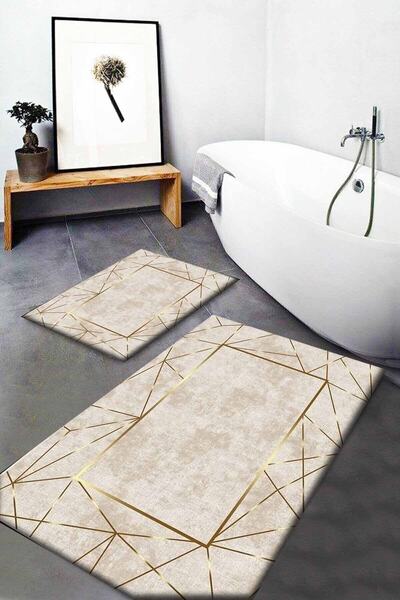 Qatalina Sarı Kahve Mermer Desenli Yıkanabilir Kaymaz Taban 2li Banyo Halısı ...
