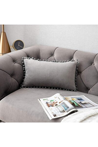 Bc Home Gri Minik Ponponlu Dikdörtgen Kırlent Kılıfı ,Yumuşak dokulu , 1 Adet...