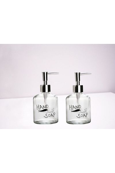Bosphorus BATHROOM SET GLASS LIQUID SOAP DISH 2 PIECES, HAND SOAP WITH WRITTEN 300ML 7,6X15,5CM