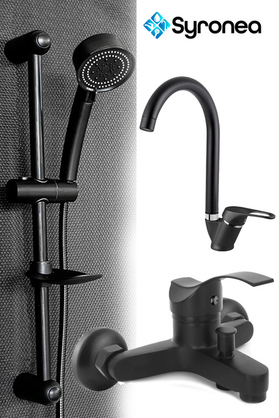 Syronea Siyah Sürgülü Banyo Lavabo Duş Seti Batarya Musluk 3 Parça Yenileme Seti