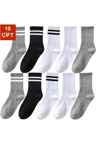 çorapmanya 10 Çift Kadın Siyah Beyaz Gri Çizgili Çizgisiz Kolej Tenis Çorap