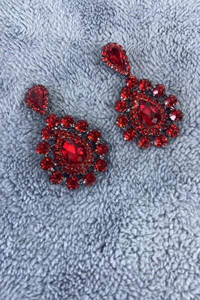 Hobigram Kırmızı Damla Model Iri Ufak Taşlı Kına Düğün Nişan Küpesi – Bijuteri Küpe, Şık Tasarım – Bijuteri