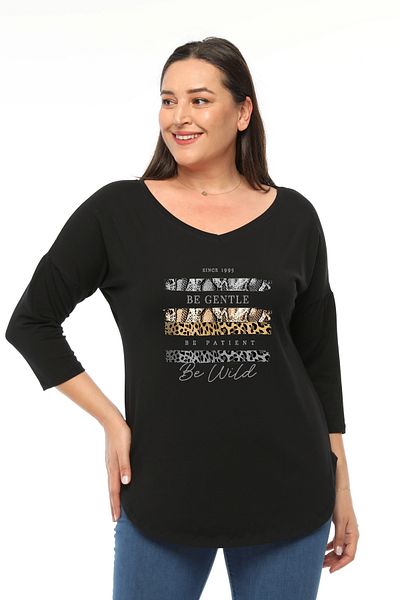 Curvy Trend Plus Size Be Gentle Printed Wide V-neck Half Sleeve Oval Slit Blouse