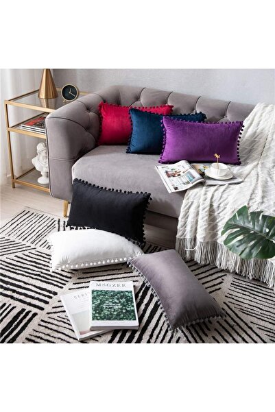 Bc Home Antrasit Minik Ponponlu Dikdörtgen Kırlent Kılıfı ,Yumuşak dokulu , 1 Adet 30 X 50 cm