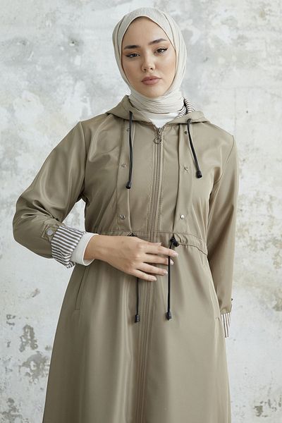 InStyle Μπορντό ριγέ παλτό μακριά καμπαρντίνα - μπεζ