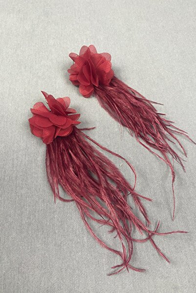 Hobigram Burgundy Laser Floral Ostrich Feather Earrings – Special Design, Accessory, Quality Production, Eye-Catching Style