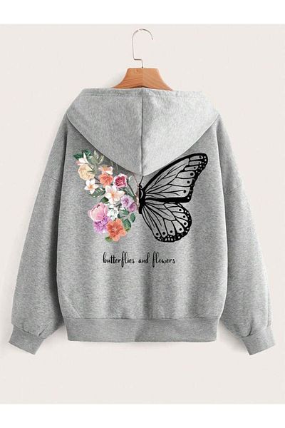 MORNİNG KİDS СИВ СУИТШЪР С КАЧУЛКА С ЩАМП НА ПЕПЕРУДИ НА ЦВЕТА