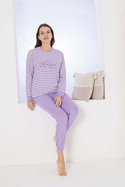 bie's Lilac Striped Mother and Daughter Combinable Crew Neck Towel Winter Pajama Set (Single Product Price)