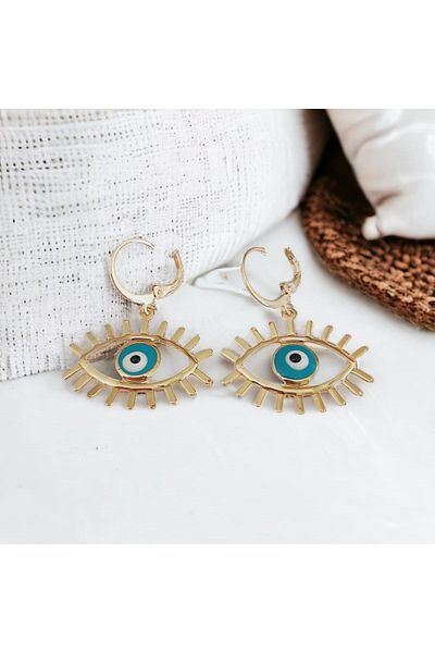 toptanhanem Turquoise Evil Eye Eye Object Steel Earring