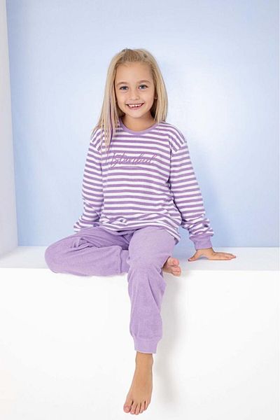 bie's Lilac Striped Mother and Daughter Combinable Crew Neck Towel Winter Pajama Set (Single Product Price)