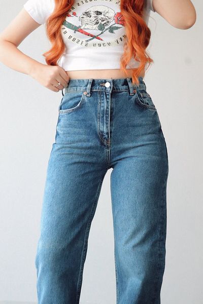 Trn JNS Pantaloni palazzo din denim, largi, cu talie înaltă, albastră medie
