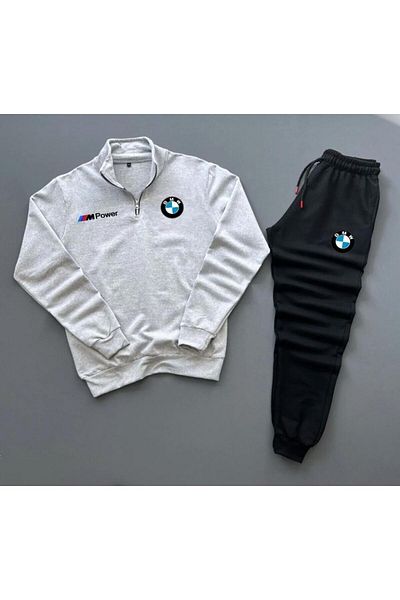 NewCabin Half Zipper BMW Printed Cotton Gray Sweat & Cotton Black Sweatpants Set, Top and Bottom, 2-Piece