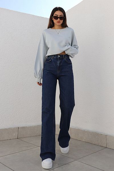 Trn JNS Neformální dámské džínové kalhoty Palazzo v námořnické modré Super Leg Denim s vysokým pasem