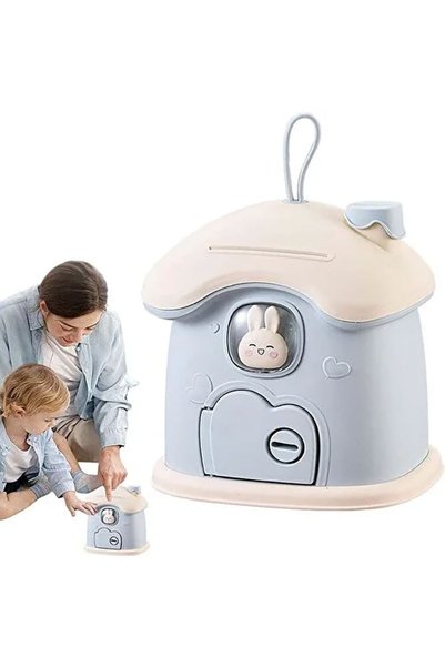 OKFİS Cute Rabbit Piggy Bank with Key in House Shape Blue 18.5X20 cm