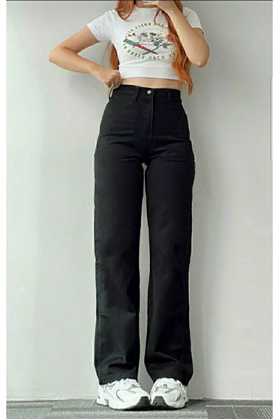Trn JNS Pantaloni palazzo din denim cu talie înaltă negri