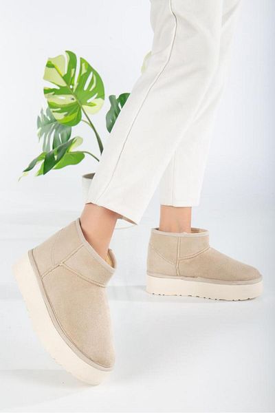 wefashion Women's Beige Ultra Mini Thick Sole Fur Lined Flat Sole Boots