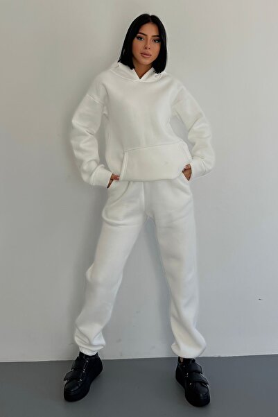 vuvutasarım Kangaroo Pocket Hooded Detailed Sweatshirt and Elastic Leg High Waist White Tracksuit 400