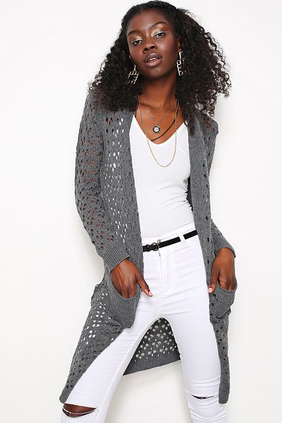 AVORWE Openwork Leaf Patterned Open Front Knitwear Cardigan