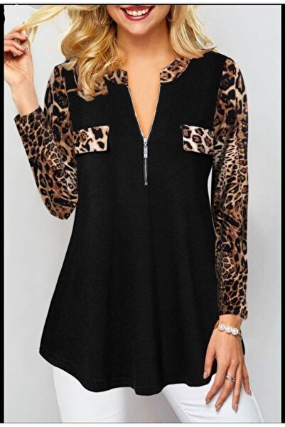 BELLA NOTTE Leopard Pattern Zipper Detail Viscose Fabric Blouse Bn-53132