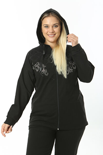 XL Modam ДАМСКИ ЧЕРЕН АНТУЧЕН КОСТЮМ С ПРИНТ С КАМЪНИ, ПЛЮС РАЗМЕР