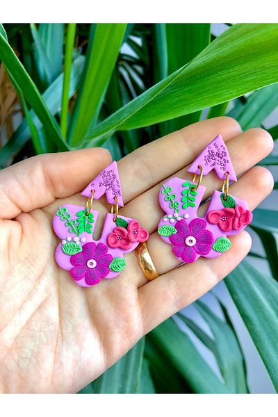 TREND Pink Modern Style Polymer Earrings with Vibrant Color Flowers and Green Leaves