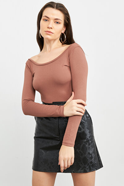 modavingo Дамски кафяв боди с яка принцеса и дълъг ръкав
