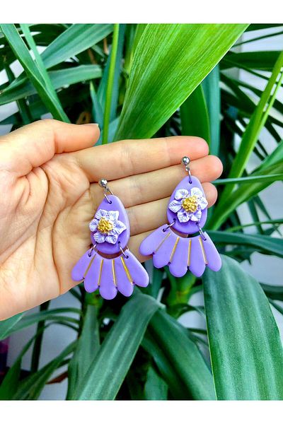 TREND Purple Floral Gold Detailed Fan Dangle Modern Earrings