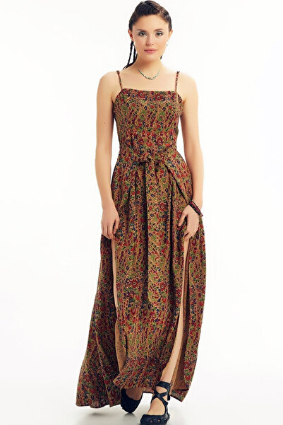 Naliru Kadın Elbise İp Askılı Önden Parçalı Yırtmaçlı Etek Kuşaklı Desenli Otantik Bohem Uzun Elbise