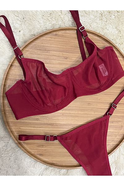 mendoza store Shiny Burgundy Red Mix Tulle Thong Panty Bra Suit...