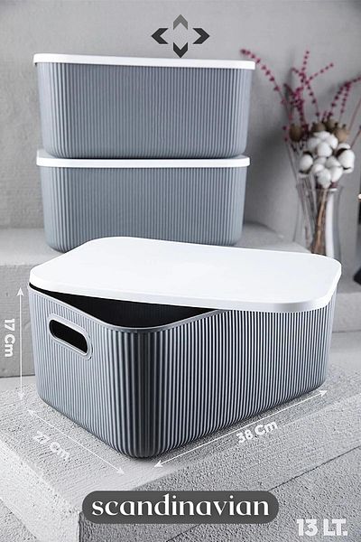 LİGROUND Scandinavian Set of 3 13lt Gray Decorative Multi-Purpose Storage Box Organizer (STORAGE BOX)