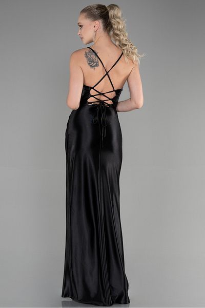 Abiyefon Long Satin Evening Dress - Black, Leg Cut, Underwire Corset ABU3247