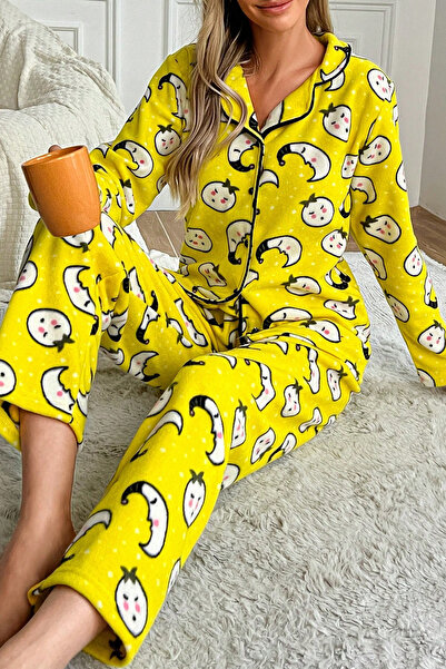 nisaNCa Kışlık Welsoft Peluş İnci Polar Düğmeli Pijama Takımı 'İpeksi Doku'