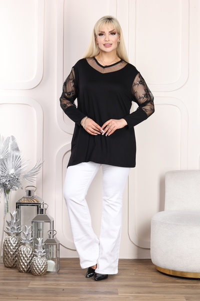 HÜLYA BUTİK ΜΠΛΟΥΖΑ ΜΑΥΡΗ V-λαιμόκοψη ΚΑΙ ΜΠΡΑΚΙ ΛΟΥΛΟΥΔΙ ΜΕ ΣΧΕΔΙΟ ΔΑΝΤΕΛΕΣ