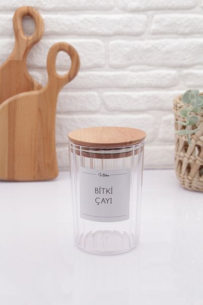 zezedesing Decorative Transparent Oval Striped Herbal Tea Jar with Wooden Lid 800ML